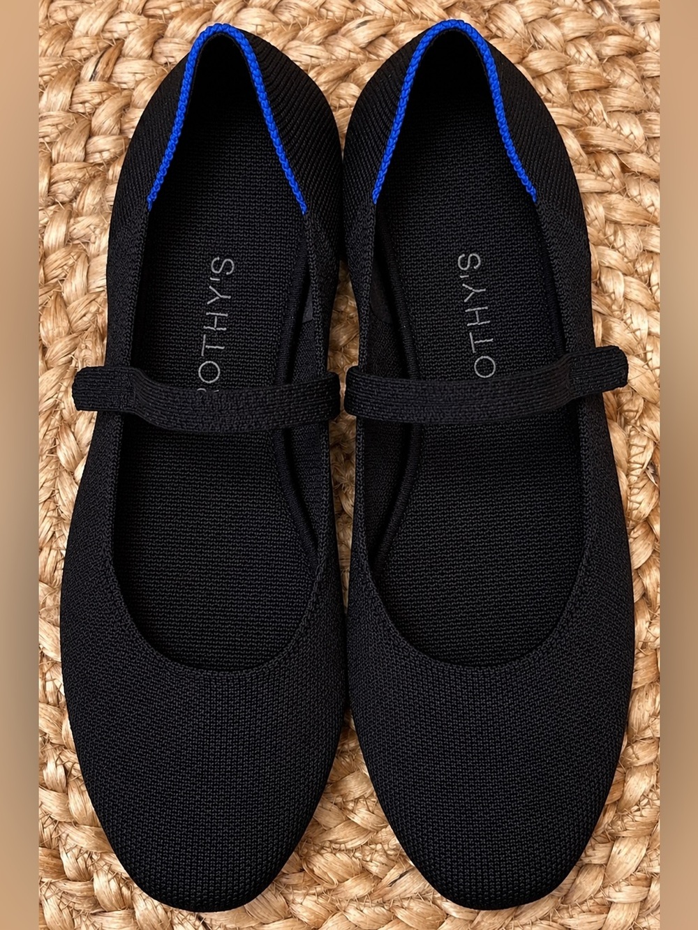 Rothy's Black Knit Mary Jane Flats with Blue Trim